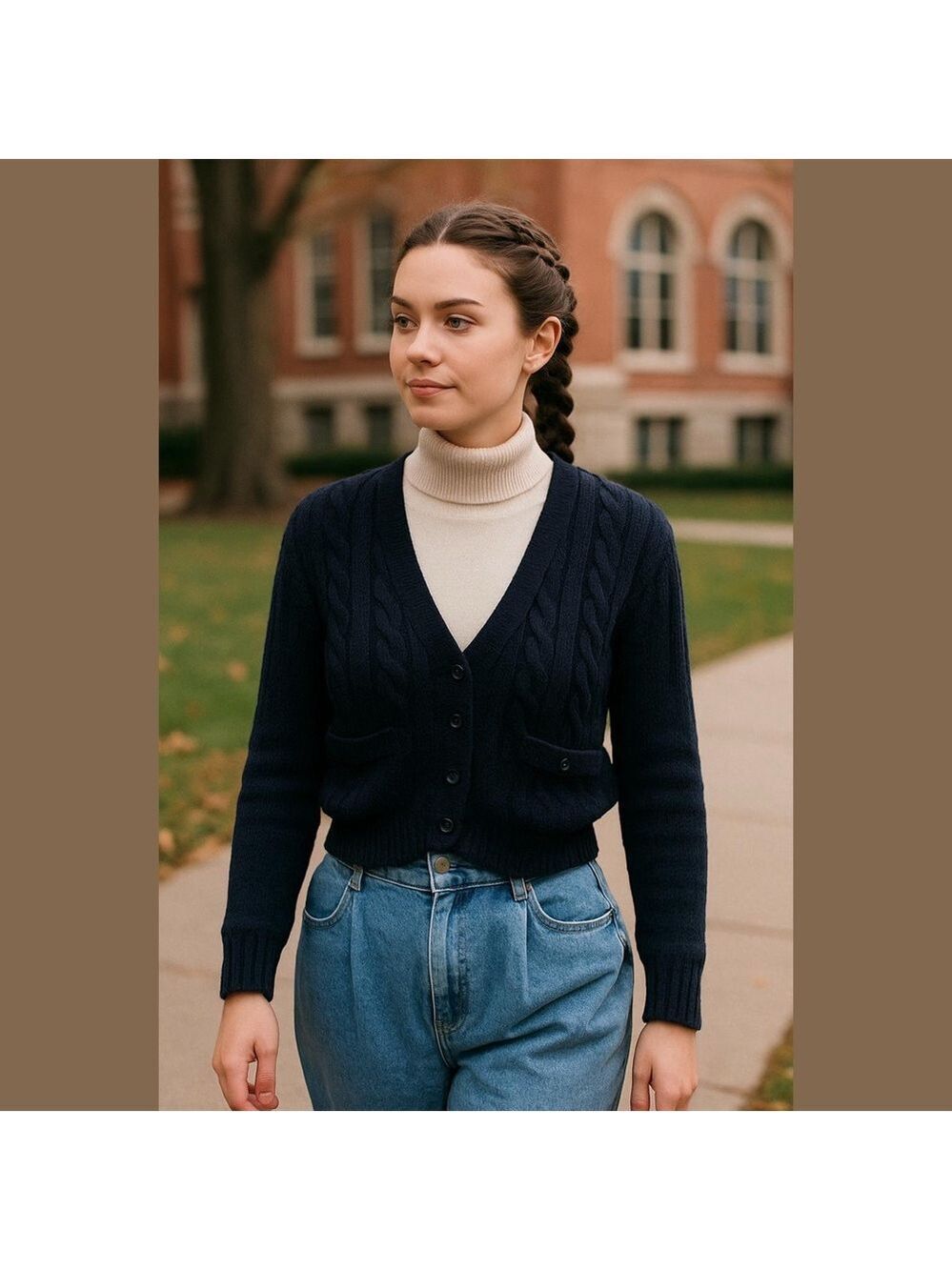 Y2K TOMBOY NAVY CABLE KNIT CROPPED BUTTON FRONT V-NECK CARDIGAN SWEATER SZ M